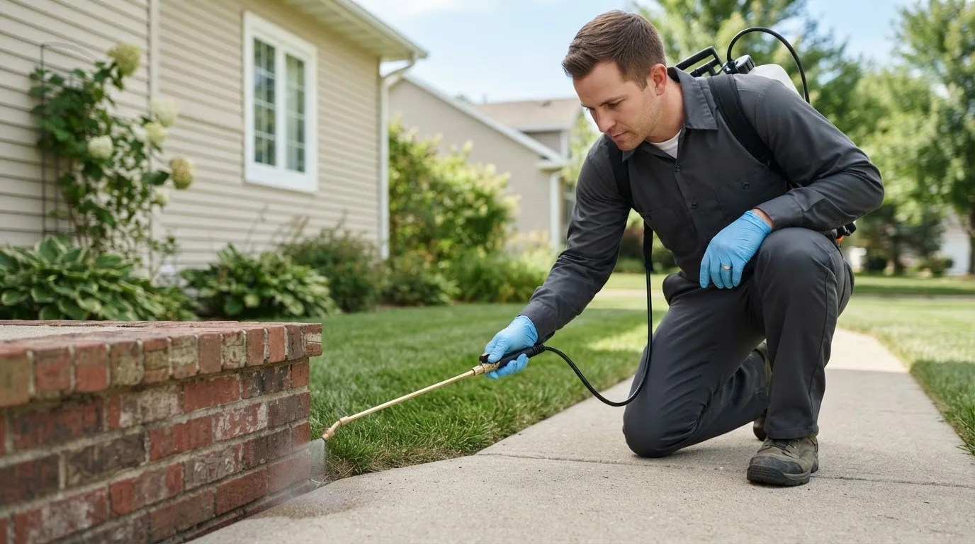 Pest control technician treating a home near Price, TX
